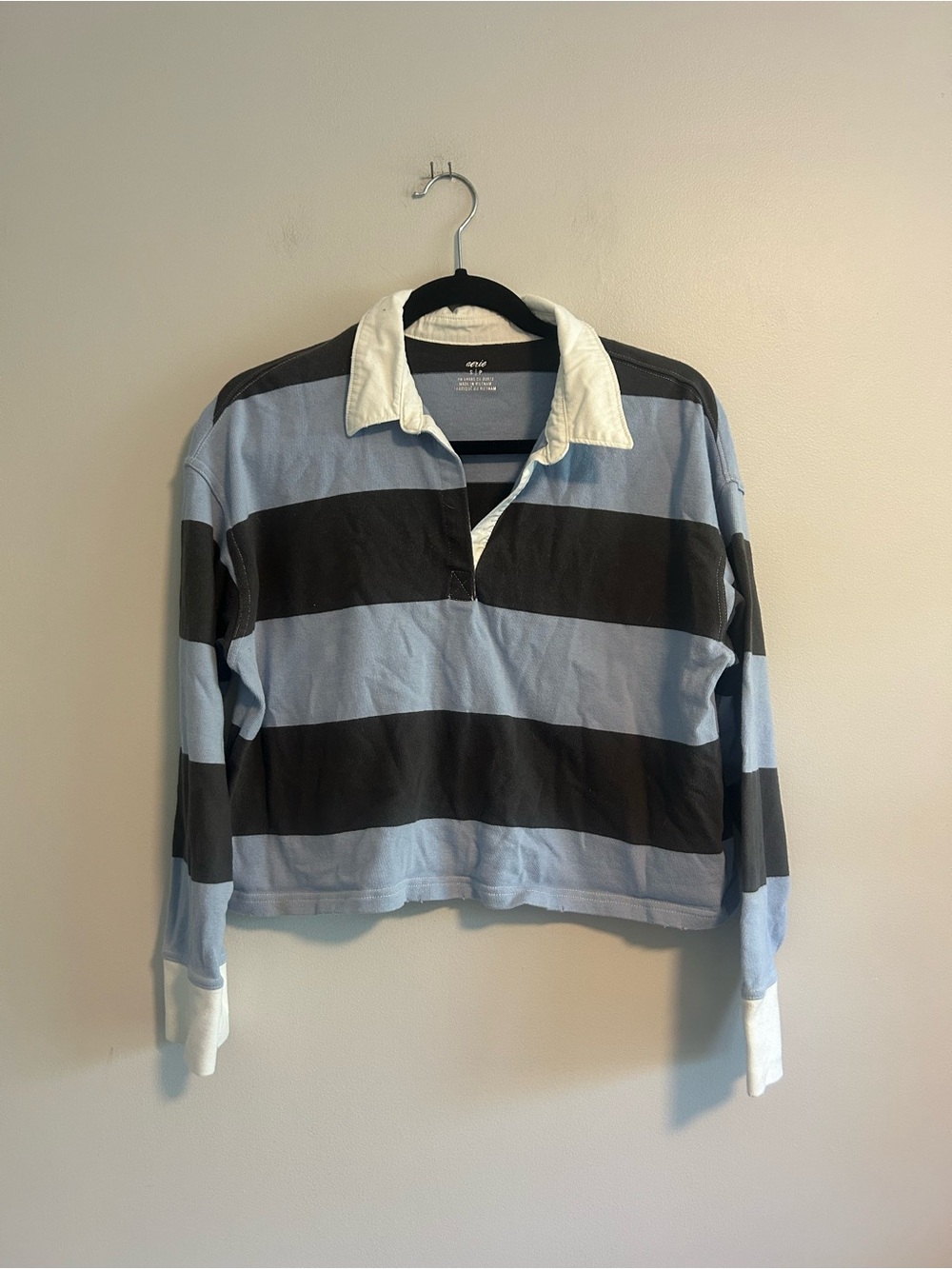 Aerie small black & Blue striped cropped Rugby long sleeve white collard Shirt